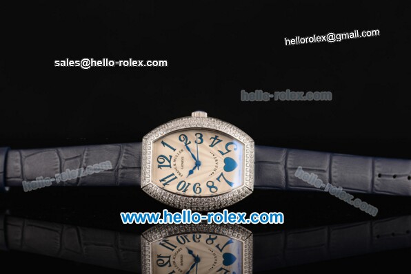 Franck Muller Heart Swiss Quartz Steel Case with Blue Leather Strap Diamond Bezel and White Dial - ETA Coating - Click Image to Close